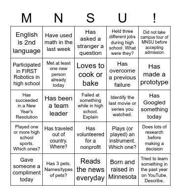 MNSU Mindset Bingo Card