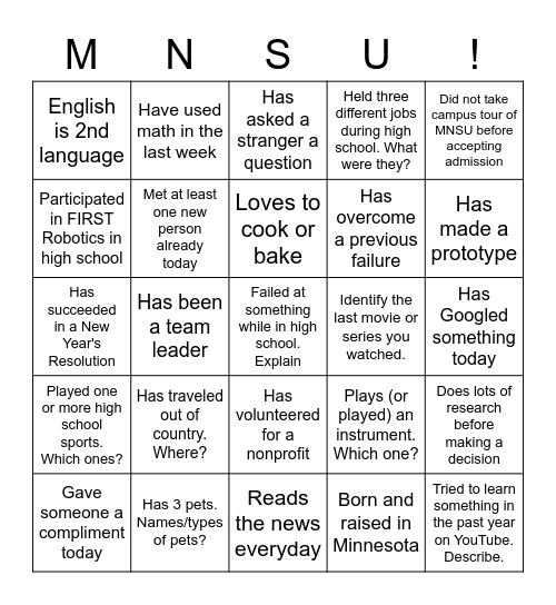 MNSU Mindset Bingo Card