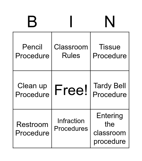 Classroom Procedure BINGO Card