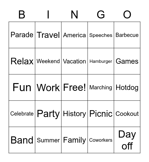 Labor Day Bingo Card