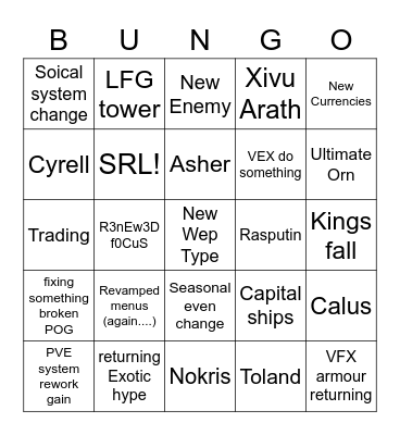 Destiny Reveal Bingo Card