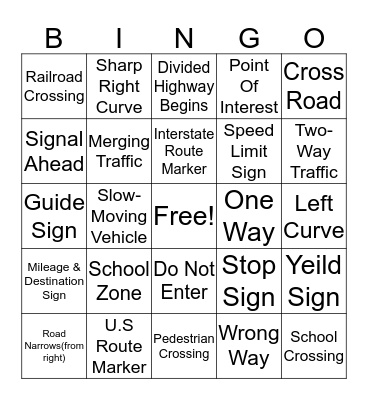 Driver's Education Bingo Card