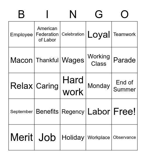 Labor Day Bingo Card