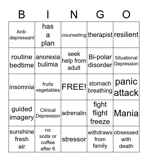 Stress Management  Bingo Card