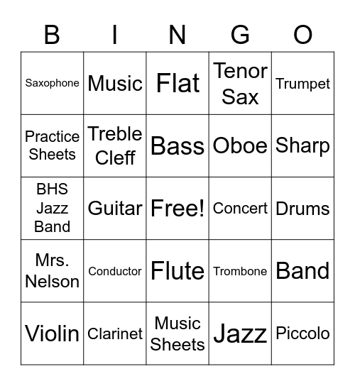 Elementary Band Bingo Card