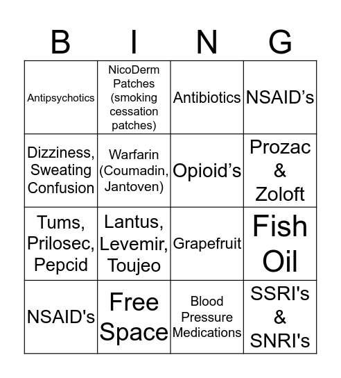 Pharmacy Bingo Card