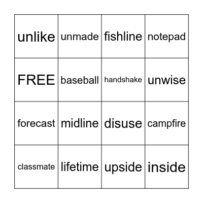 4.2 Compound and Prefixes Bingo Card