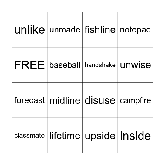 4.2 Compound and Prefixes Bingo Card