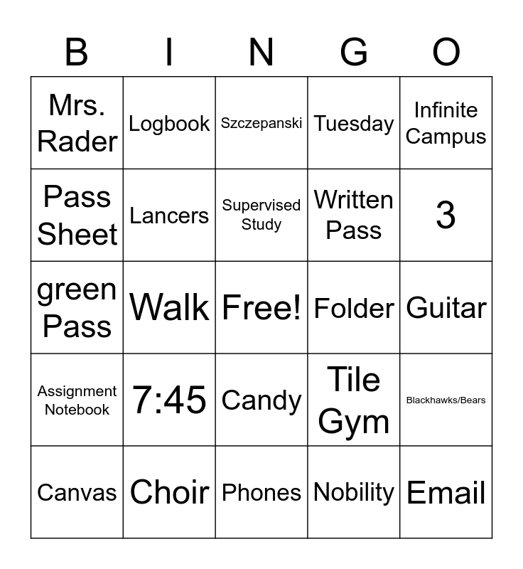 6th Grade Bingo Card