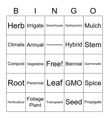 Horticulture Bingo Card