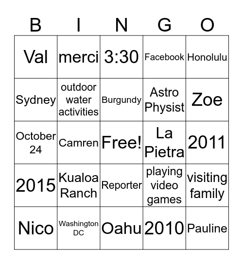 Bridal Bingo Card