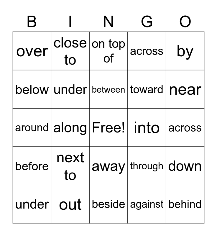 PREPOSITIONS Bingo Card