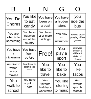 Get to know You Bingo Card