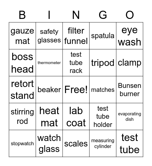 Science Equipment Bingo Card