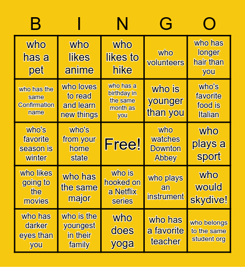 CCM Social Connections Bingo Card