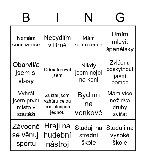 Seznamovací Bingo Card