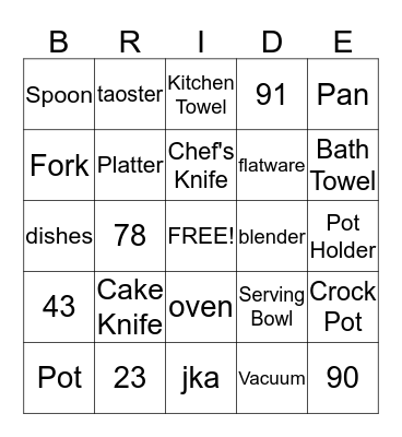 Bridal Bingo Card