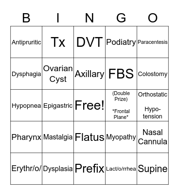 MEDICAL TERMINOLOGY  Bingo Card