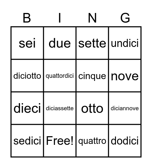Italian Numbers to 20 Bingo Card