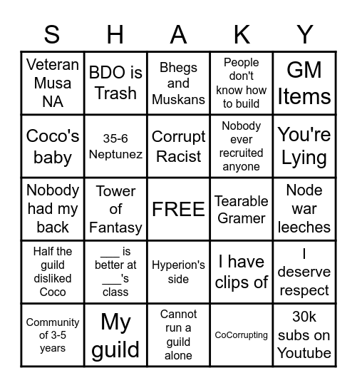 ShakyBay Mald Board Bingo Card