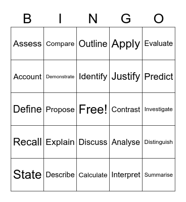 NESA Verbs Bingo Card