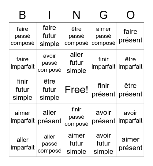 les verbes 7ième année Bingo Card