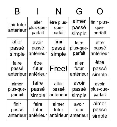 les verbes - 8ième année Bingo Card