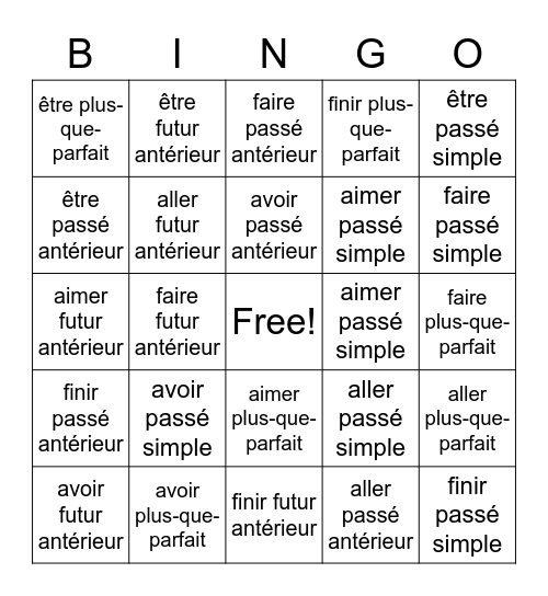 les verbes - 8ième année Bingo Card