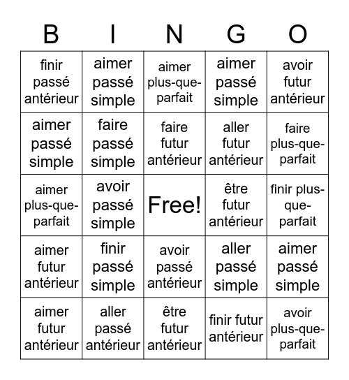 les verbes - 8ième année Bingo Card