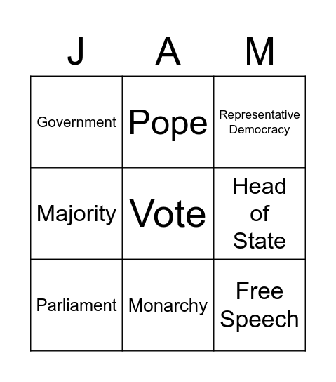 JAM - Monarchy vs. Democracy Bingo Card