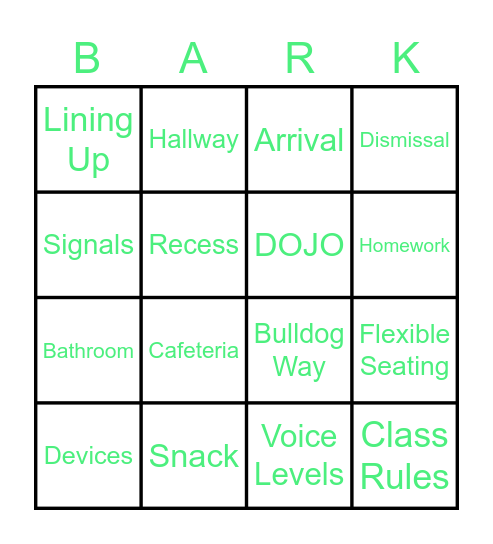 Classroom Procedures & Expecations Bingo Card