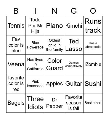 1st Period All About Me Bingo Card