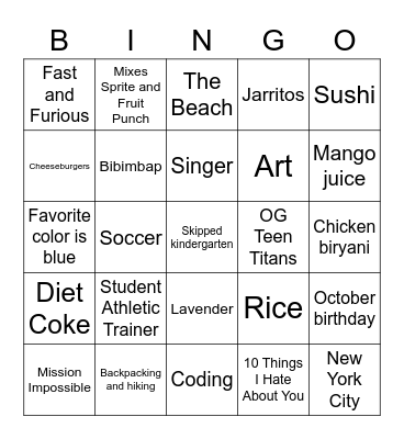 All About Me - 3rd Period Bingo Card