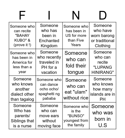 FIND THE PERSON Bingo Card