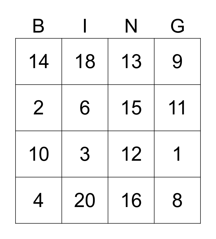 Number Bingo 020 Bingo Card