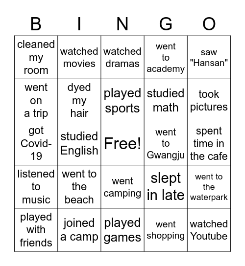 What did you do during summer vacation? Bingo Card
