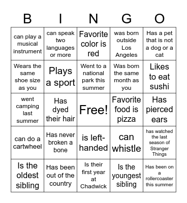 9th Grade Orientation Bingo Card
