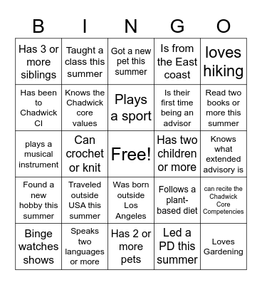 Back to School Bingo Card