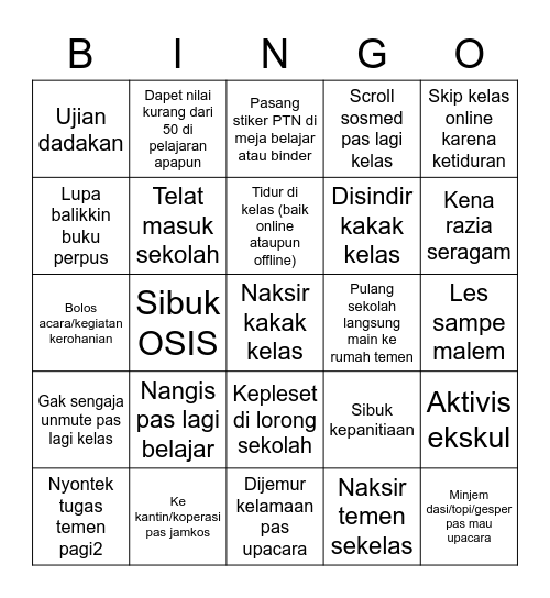 Never Have I Ever (Indo HS Edition) Bingo Card