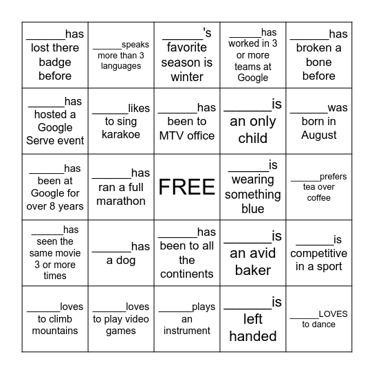 People Bingo! Bingo Card