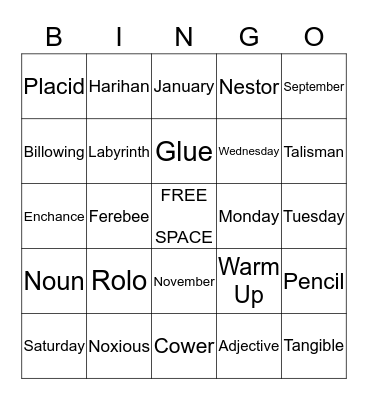 Weekly Vocabulary Bingo Card