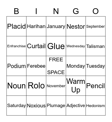 Week 5 Vocabulary BINGO Card