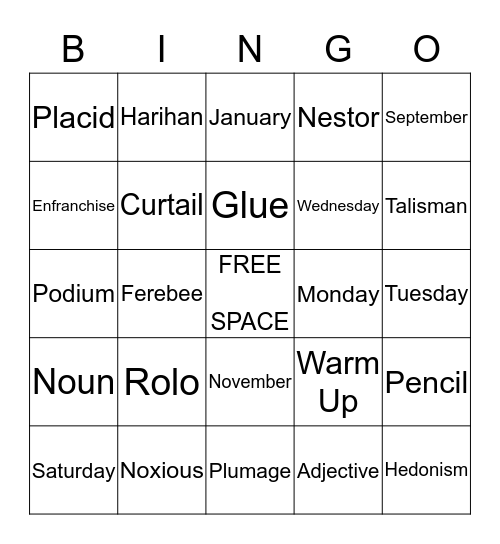 Week 5 Vocabulary BINGO Card