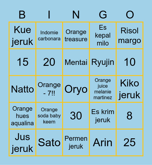 Oryo Bingo Card