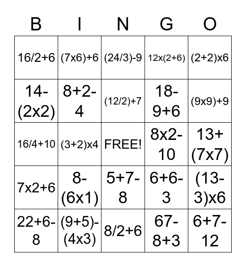 Order of Operations Bingo Card