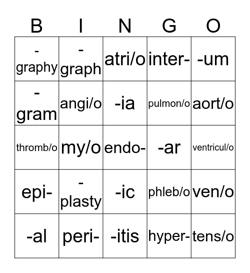 Cardiovascular System Bingo Card