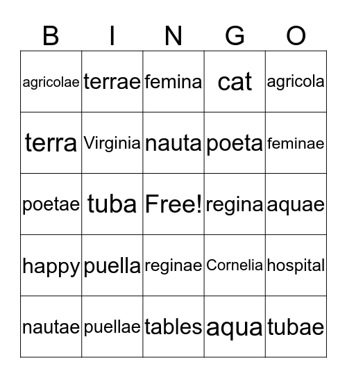 Latin Bingo Card