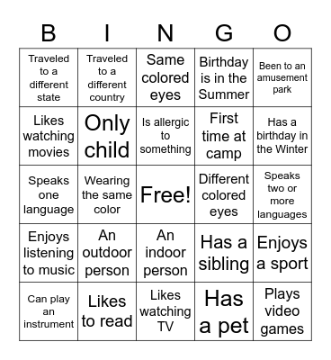 Characteristic Bingo Card