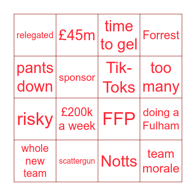 Nottingham Forest summer 2022 Bingo Card