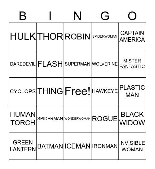 SUPERHERO BINGO Card